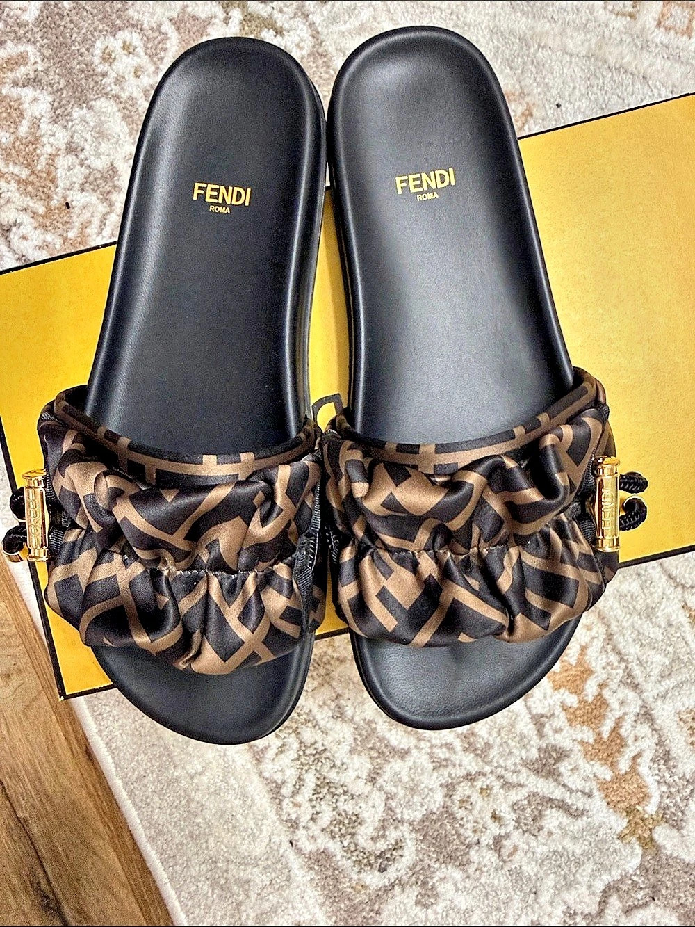 Fendi Illusion FF Slide Sandals Logo Ruched Slide Sandals in Black & Brown